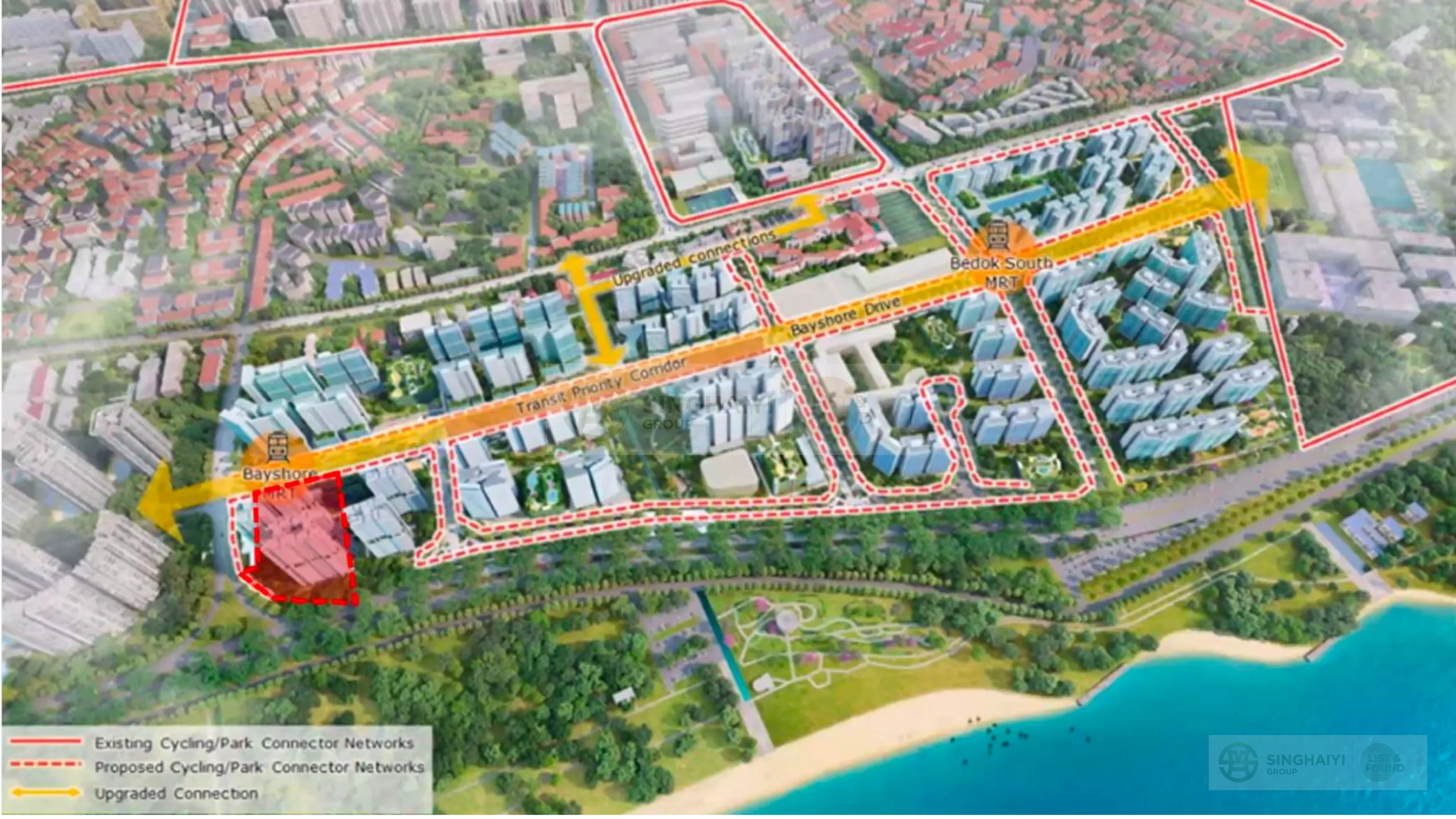 Aerial view of cycling and park connector networks connecting Bayshore to East Coast Park