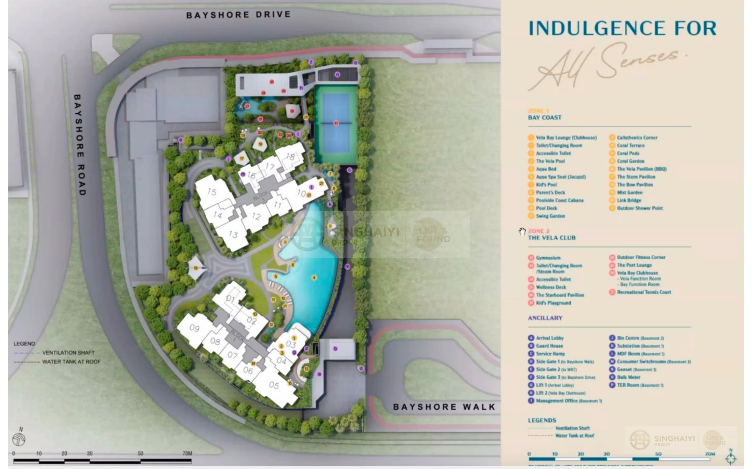 Vela Bay facilities site plan with full amenity listing for Zone 1 Bay Coast and Zone 2 The Vela Club