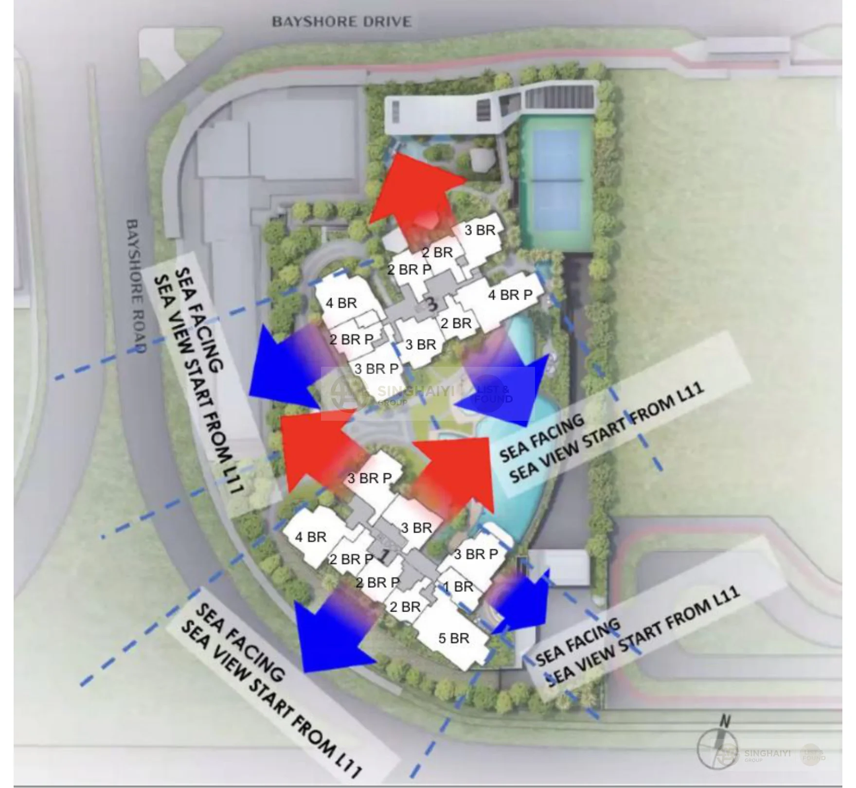 Sea view analysis showing blue arrows for sea-facing stacks and red arrows for non-sea-facing, sea views start from Level 11