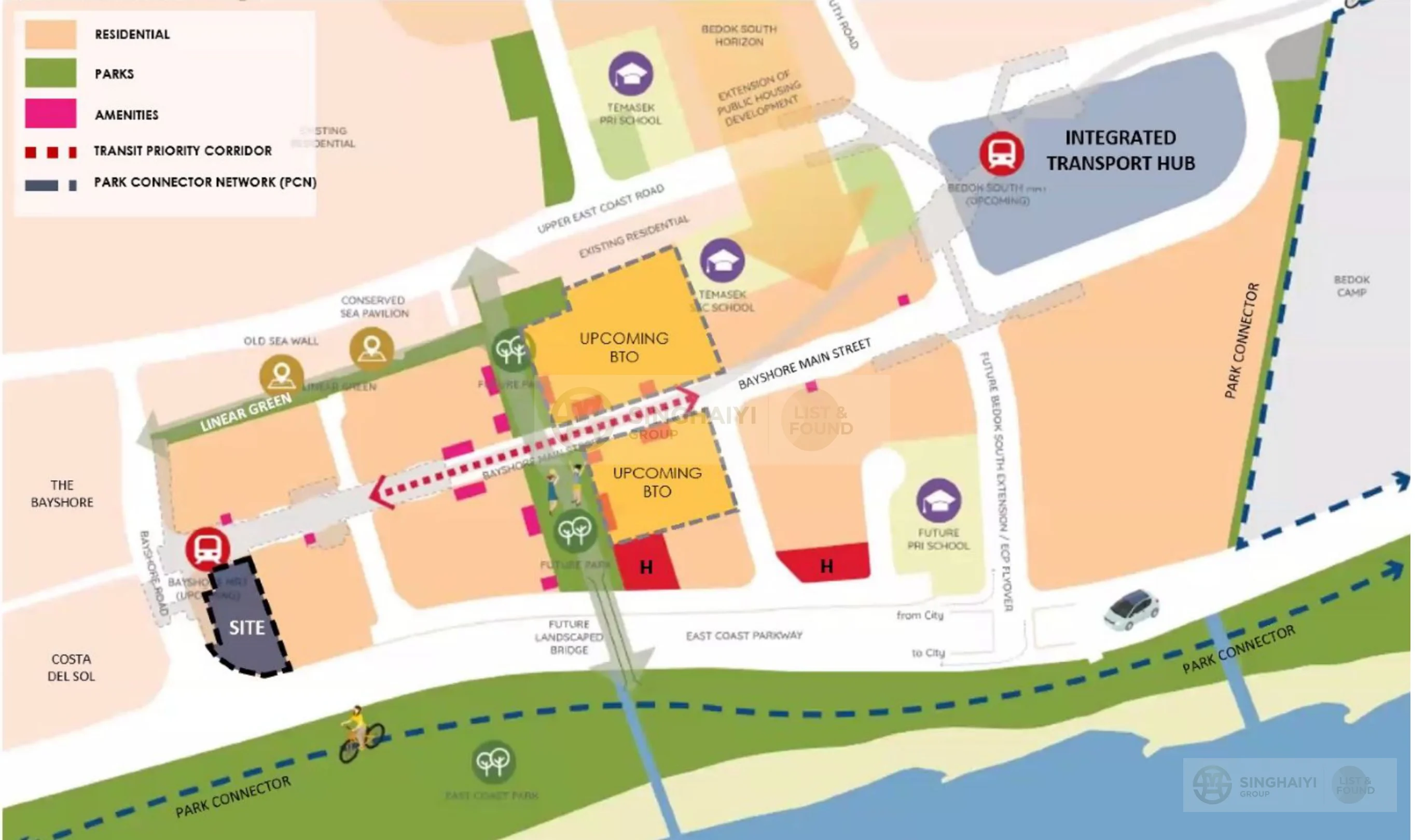 URA Bayshore Masterplan showing upcoming BTOs, integrated transport hub, parks, and transit priority corridor