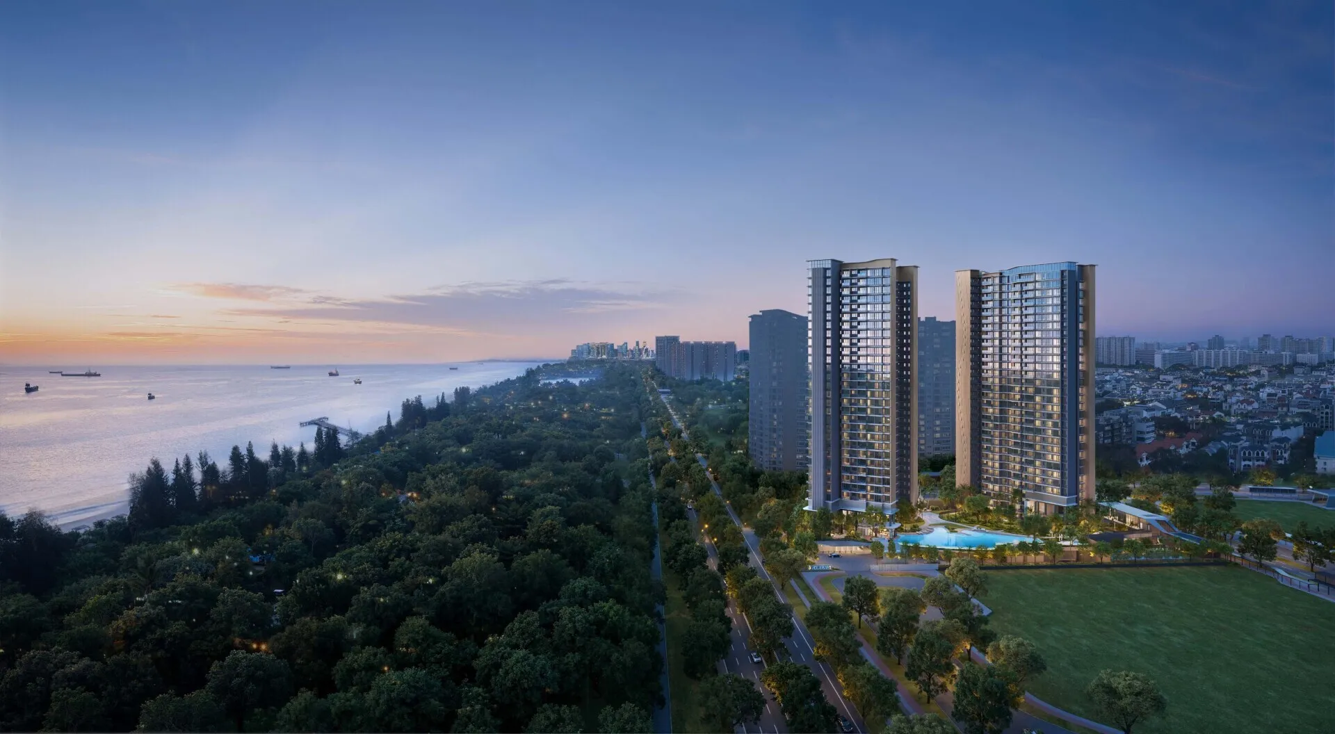 Panoramic dusk view of Vela Bay development